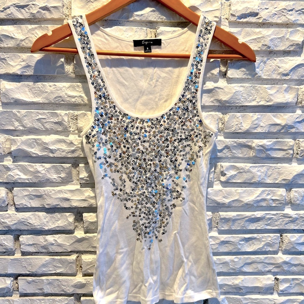 Express Sequin White/Silver Tank Top New